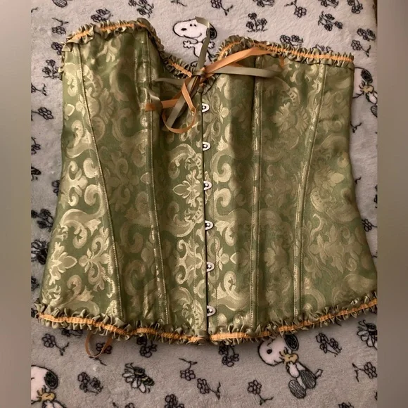 Elegant Green Brocade Corset bustier lingerie shapewear gold jacquard - Picture 1 of 2
